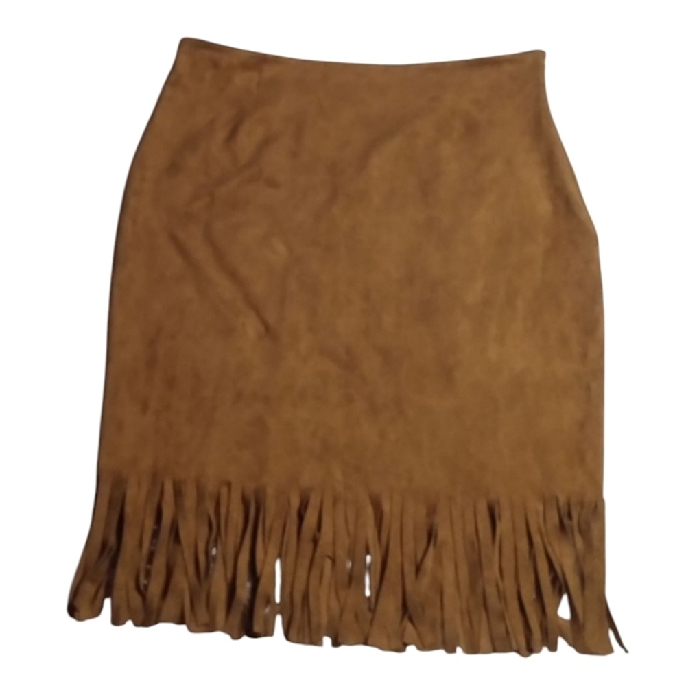 Vintage Spense Stretch Faux Suede Midi Length Fringe Hem Skirt Size Large